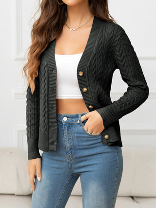 V-Neck Long Sleeve Cable-Knit Buttoned Knit Top Divacious