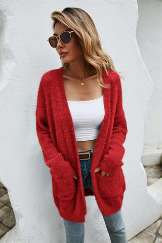 Open Front Openwork Fuzzy Cardigan with Pockets Divacious