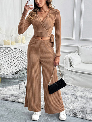 Surplice Long Sleeve Top and Pants Set - Divacious