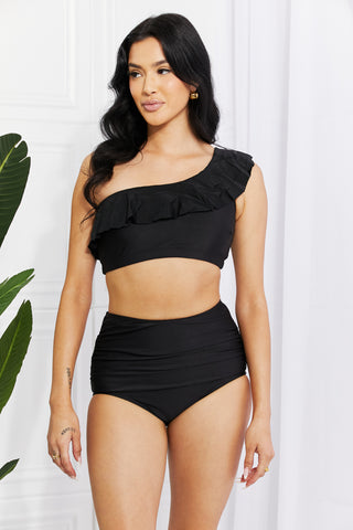 Marina West Swim Seaside Romance Ruffle One-Shoulder Bikini in Black Divacious