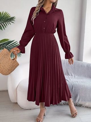 Pleated Half Button Long Sleeve Midi Dress Trendsi