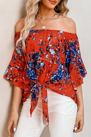 Tied Printed Off-Shoulder Half Sleeve Blouse Divacious