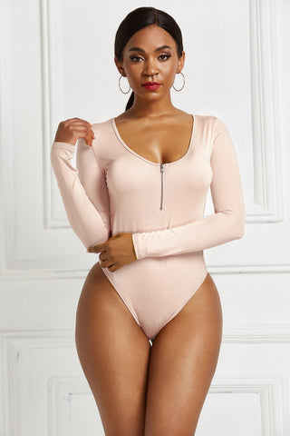 Half Zip Scoop Neck Long Sleeve Bodysuit Divacious