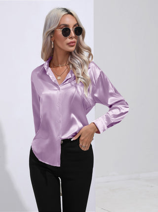 Collared Neck Buttoned Long Sleeve Shirt Divacious