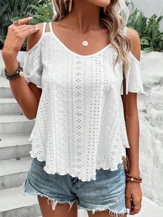 Eyelet Cold Shoulder Short Sleeve Blouse Divacious