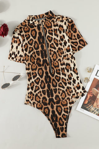 Leopard Half Zip Short Sleeve Bodysuit Divacious