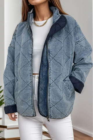 Pocketed Zip Up Dropped Shoulder Denim Jacket Divacious