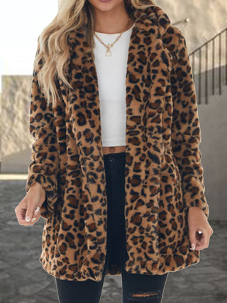 Leopard Collared Neck Coat with Pockets Divacious