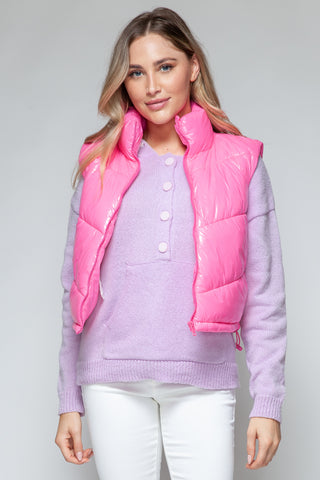 Snobbish Zip Up Turtleneck Shiny Quilted Vest Trendsi