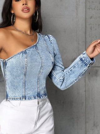 One Shoulder Long Sleeve Denim Top Divacious