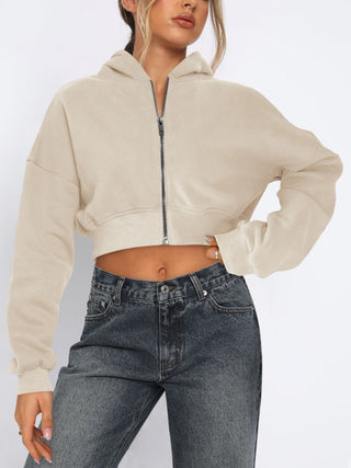 Zip Up Long Sleeve Hooded Cropped Jacket Trendsi