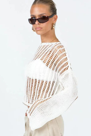 Openwork Boat Neck Long Sleeve Cover Up Divacious