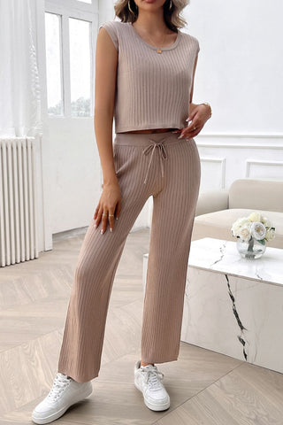 Ribbed Round Neck Top and Pants Set - Divacious