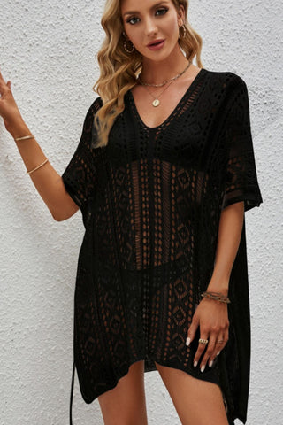 Openwork V-Neck Short Sleeve Cover Up Divacious