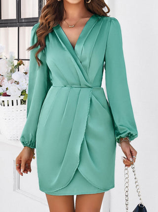 Devine Ruched Surplice Long Sleeve Mini Dress Trendsi