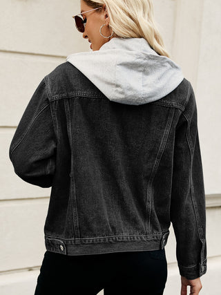 Drawstring Hooded Button Up Denim Jacket Divacious