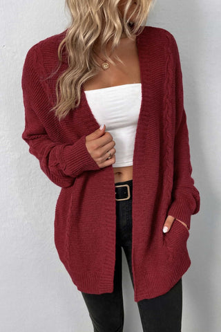 Cable-Knit Open Front Cardigan with Pockets Divacious