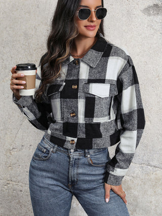 Plaid Button Up Drop Shoulder Cropped Jacket Divacious