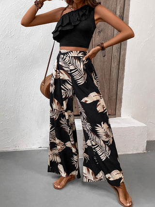 Honey Ruffled Sleeveless Top and Printed Pants Set Trendsi