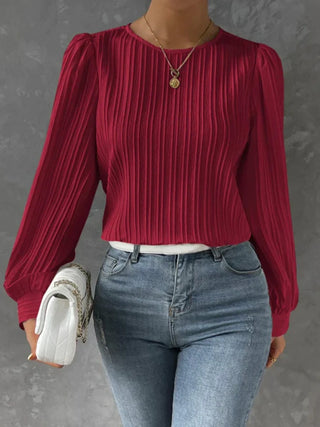 Round Neck Long Sleeve Blouse - Divacious