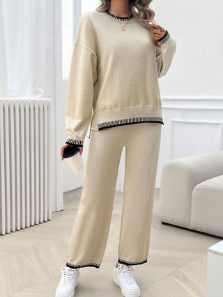 Devine Round Neck Dropped Shoulder Top and Pants Sweater Set Trendsi