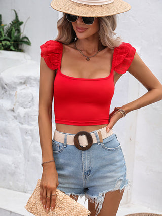 Square Neck Cap Sleeve Cropped Top Divacious