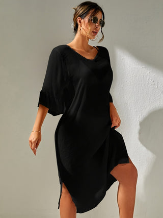 Slit V-Neck Flounce Sleeve Cover-Up Divacious