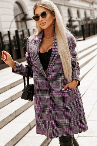 Plaid Lapel Collar Longline Blazer Divacious