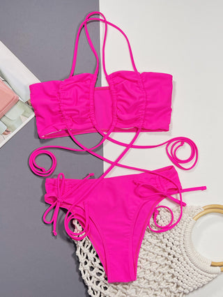 Halter Neck Drawstring Detail Bikini Set Divacious