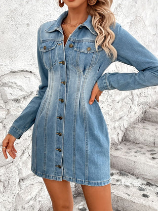 Pocketed Button Up Long Sleeve Denim Dress Divacious