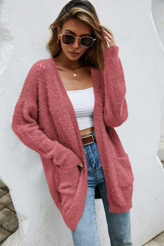 Open Front Openwork Fuzzy Cardigan with Pockets Divacious