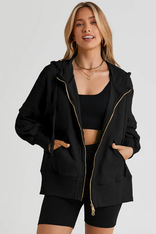 Zip Up Long Sleeve Drawstring Hoodie Divacious