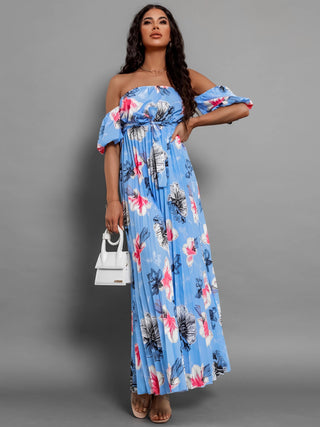 Pleated Floral Off-Shoulder Short Sleeve Midi Dress Trendsi