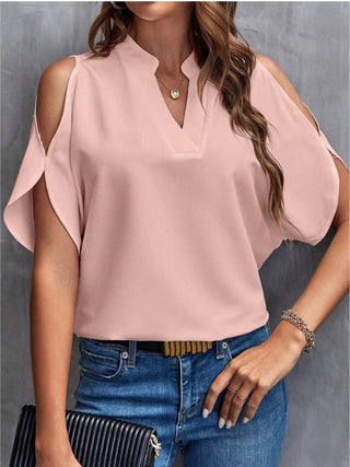 Notched Cold Shoulder Half Sleeve Blouse Divacious