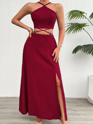 Devine Grecian Neck Top and Slit Skirt Set Trendsi