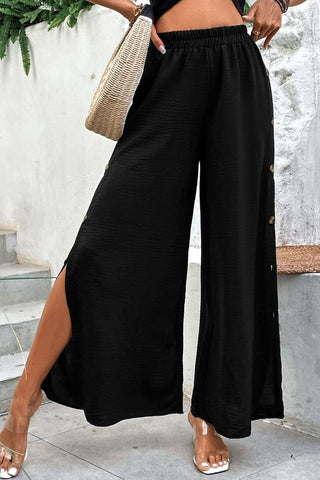 Button Detail Elastic Waist Wide Leg Pants Divacious