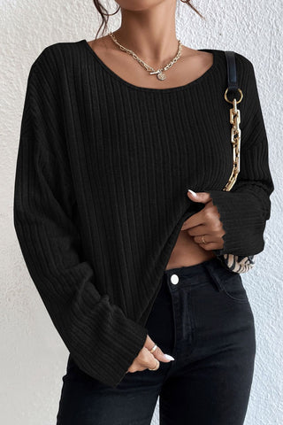 Ribbed Round Neck Drop Shoulder Long Sleeve Top Divacious