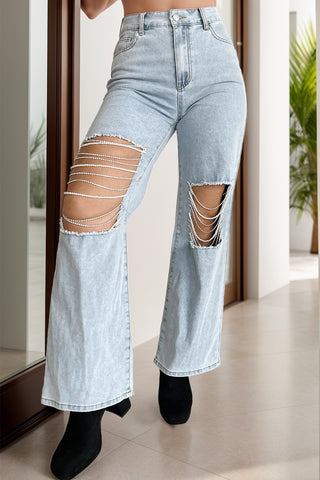 Distressed Bead Chain Straight Jeans Divacious