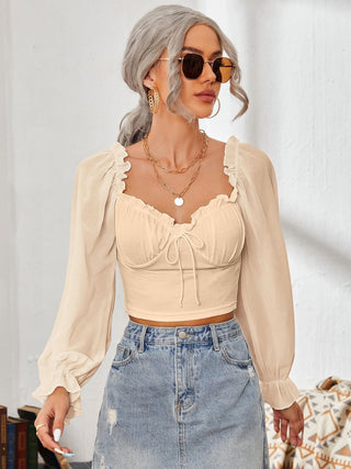 Mesh Sweetheart Neck Flounce Sleeve Top Divacious