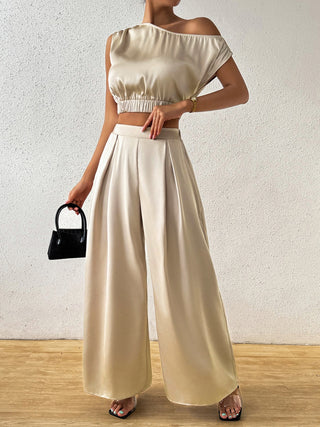 Honey One Shoulder Short Sleeve Top and Wide Leg Pants Set Trendsi