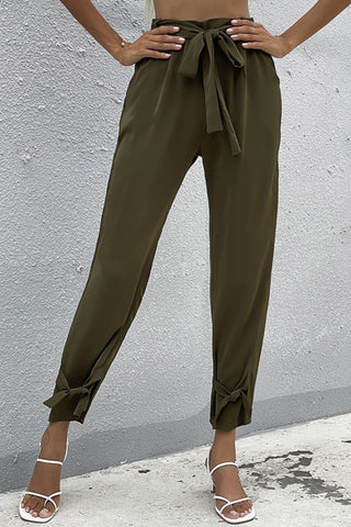 Tie Detail Belted Pants with Pockets Divacious