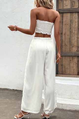 Shiny Smocked Tube Top and Wide Leg Pants Set Trendsi