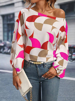 Printed One Shoulder Balloon Sleeve Blouse Divacious