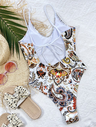 Printed Tie Back Scoop Neck One-Piece Swimsuit Divacious