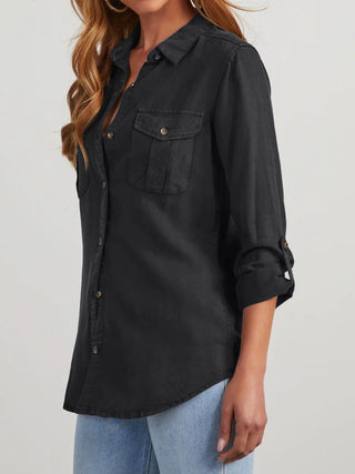 Collared Neck Roll-Tab Sleeve Denim Top - Divacious