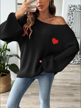 Heart Boat Neck Dropped Shoulder Sweater - Divacious