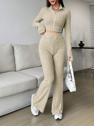 Honey Zip Up Long Sleeve Top and Pants Set Trendsi