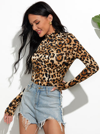 Leopard Mock Neck Long Sleeve T-Shirt Divacious