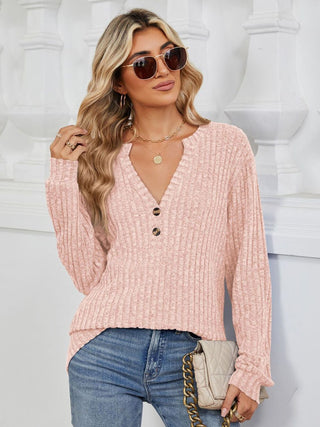 Ribbed Notched Long Sleeve T-Shirt Divacious