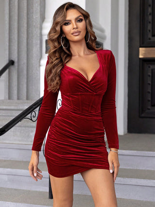 Ruched Surplice Long Sleeve Mini Dress Trendsi